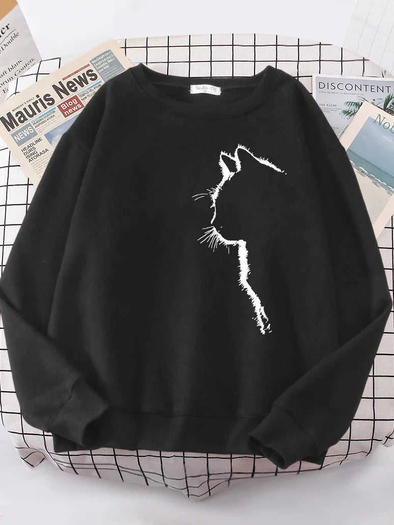 Sudadera con capucha con estampado de gato y hombros caídos para mujer, combinable con todo, tallas S-XXL, ropa urbana de calidad para mujer