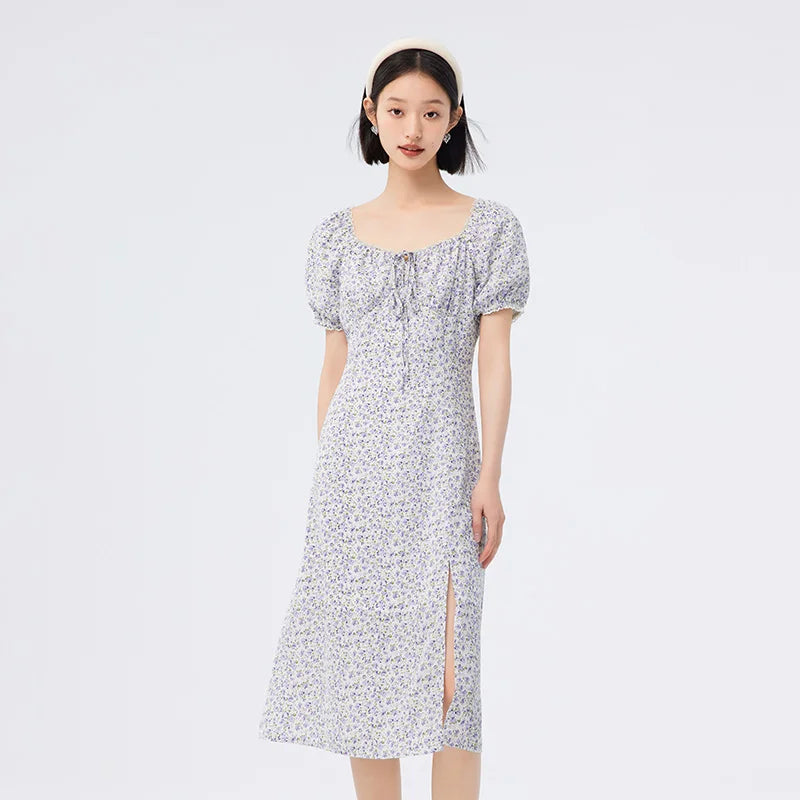 Vestido de gasa con abertura para mujer, romántico, nuevo, de verano, con cuello cuadrado Mori, vestido de té fragmentado.
