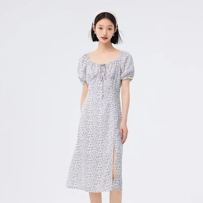 Vestido de gasa con abertura para mujer, romántico, nuevo, de verano, con cuello cuadrado Mori, vestido de té fragmentado.