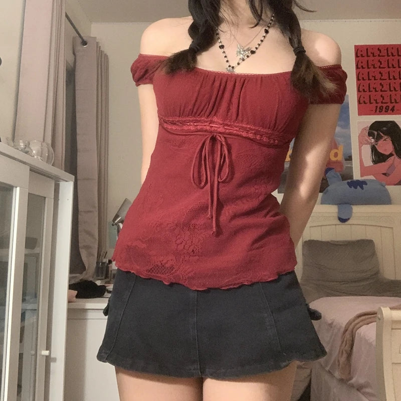 Elegante camiseta de cuello cuadrado para mujer, jersey de manga corta con lazo kawaii, camisetas Y2K vintage de hadas grunge, top corto para mujer, ropa retro