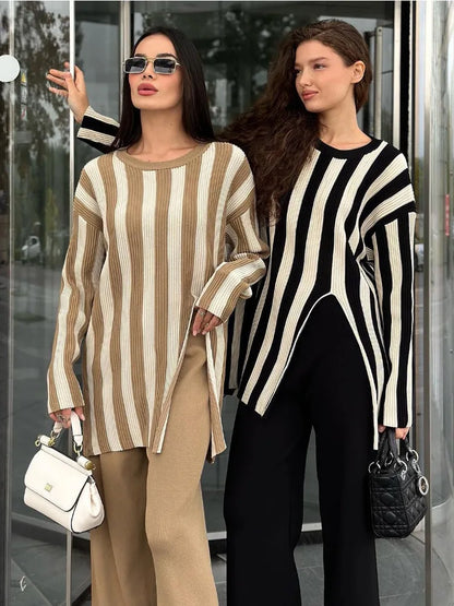 Striped Knitwear Fashion 2 Piece-Set For Women Contrast Long Sleeve Split Straight Trousers Outfits Women’s Pants Sets