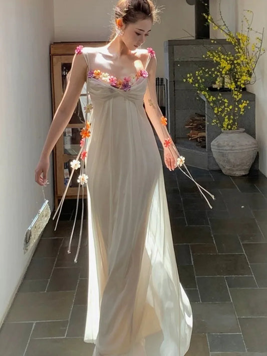Vestidos elegantes para mujer, verano, tirantes finos, estilo festivo, flores, línea A, vestido de fiesta, sin espalda, boda, graduación, vestido nuevo