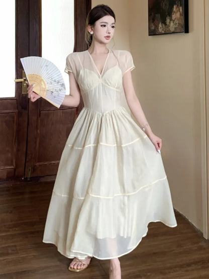 Vestidos largos elegantes para mujer, cuello en V, corte A, vestido de fiesta de cumpleaños, francés, informal, cintura alta, verano, nuevo, baile de graduación, vestidos retro para mujer