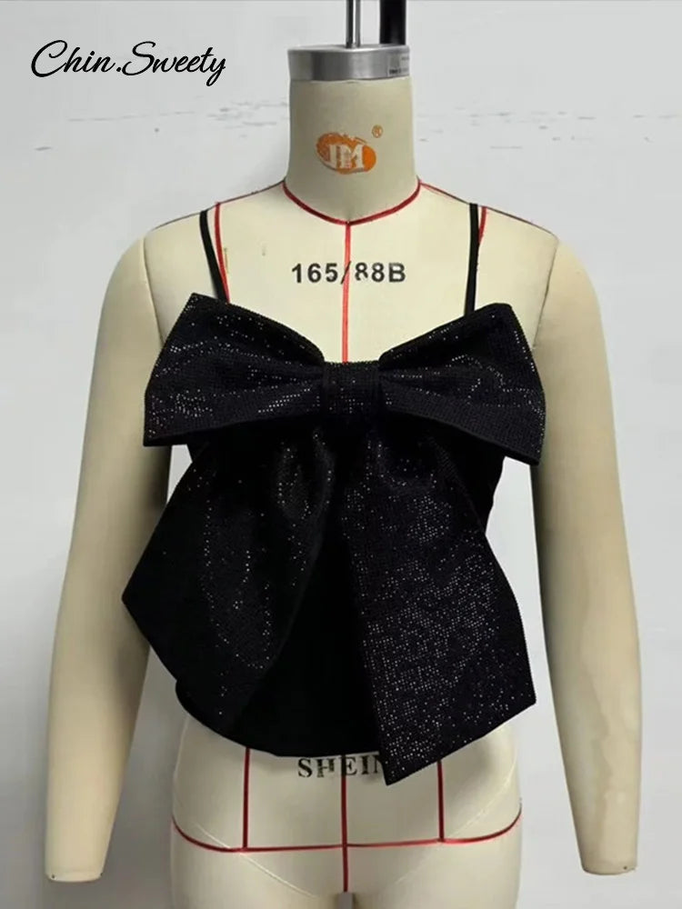 Camiseta sin mangas con lazo grande y lentejuelas para mujer, negra, sin mangas, sin espalda, con cremallera, estilo Y2K, ropa de fiesta para mujer