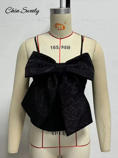Camiseta sin mangas con lazo grande y lentejuelas para mujer, negra, sin mangas, sin espalda, con cremallera, estilo Y2K, ropa de fiesta para mujer