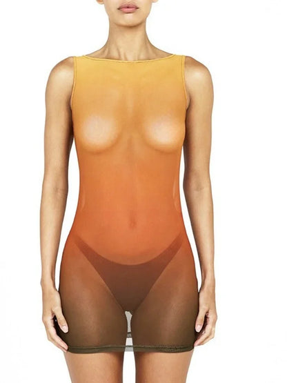 Vestido informal de malla con empalme ligeramente transparente para mujer, ropa de calle sexy, a la moda, con degradado de color, cuello redondo, sin mangas, vestido de verano