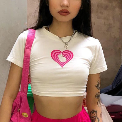 Camiseta de manga corta con estampado de amor para mujer, estilo Y2K, sexy, de verano