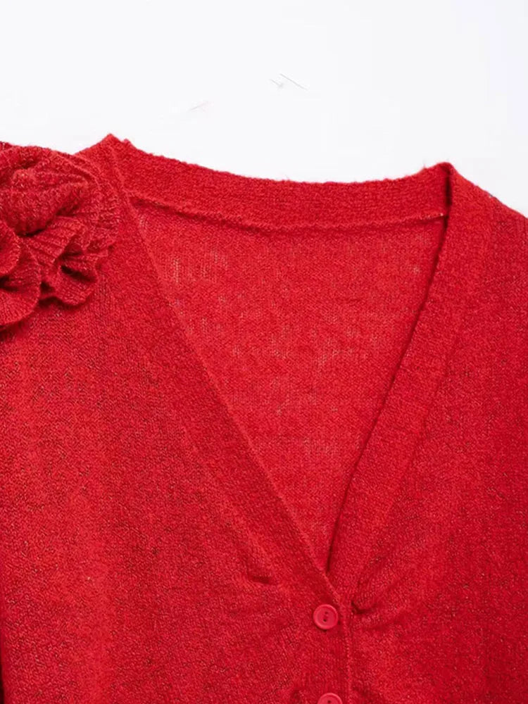 Vintage Knitted 3D Flowers Cardigan Women Retro Solid V-neck Slim Long Sleeve Short Sweaters Female Spring Chic Street Knitwear
