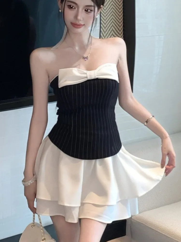 Vestidos cortos sexis de retazos a rayas para mujer, sin tirantes, con capas, volantes, corte A, con lazo, para fiesta de cumpleaños, moda coreana.