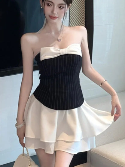 Vestidos cortos sexis de retazos a rayas para mujer, sin tirantes, con capas, volantes, corte A, con lazo, para fiesta de cumpleaños, moda coreana.