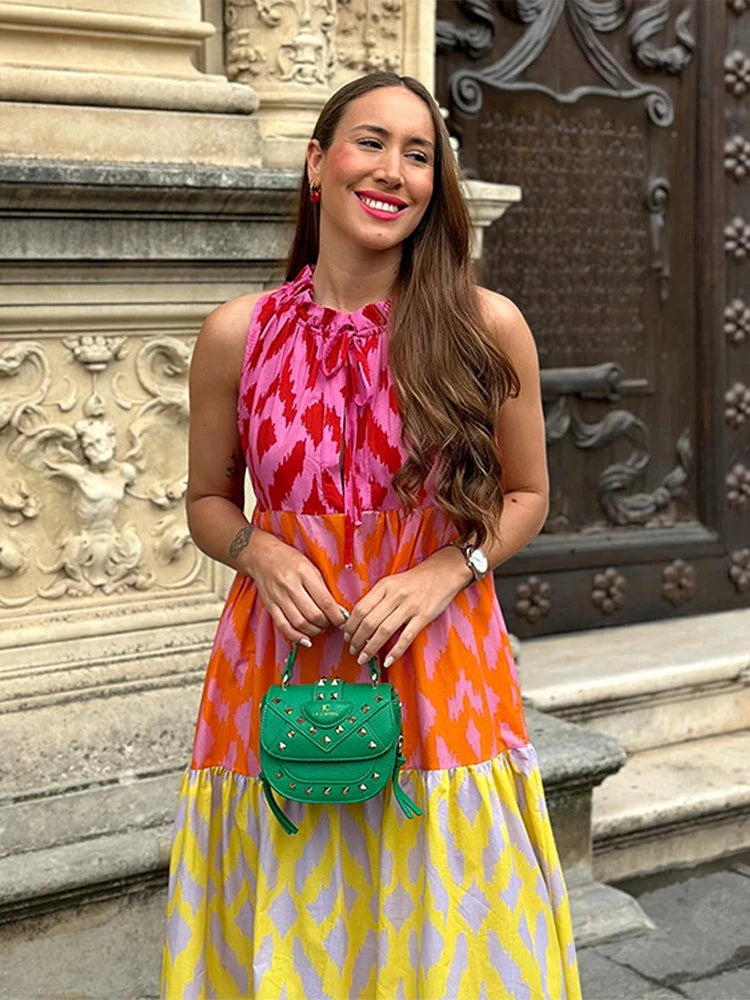 Vestido elegante con estampado de patchwork para mujer, elegante vestido Maixi informal sin mangas con cuello redondo, nueva bata de vacaciones de verano para mujer