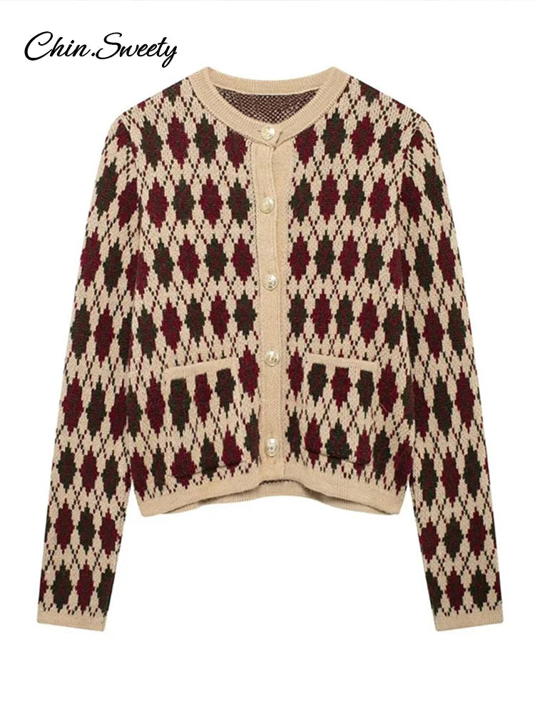 Plaid Knitted Slim Cardigan Women  Autumn O-neck Long Sleeve Metal Button Short Sweater Coat Lady All-matching Knitwear New