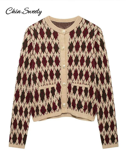 Plaid Knitted Slim Cardigan Women  Autumn O-neck Long Sleeve Metal Button Short Sweater Coat Lady All-matching Knitwear New