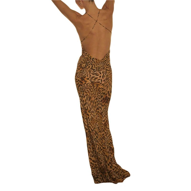Lace Trim Dress y2k Aesthetic Women Leopard/Floral Print Sleeveless Long Dresses Sexy Backless Cocktail Party Dresses