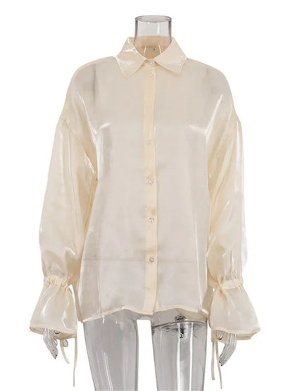 Casual Loose See-Through Shirts Coat Female Lapel Long Sleeve Lace-Up 2025 Summer Outwear Women’s Solid Patchwork Blouse