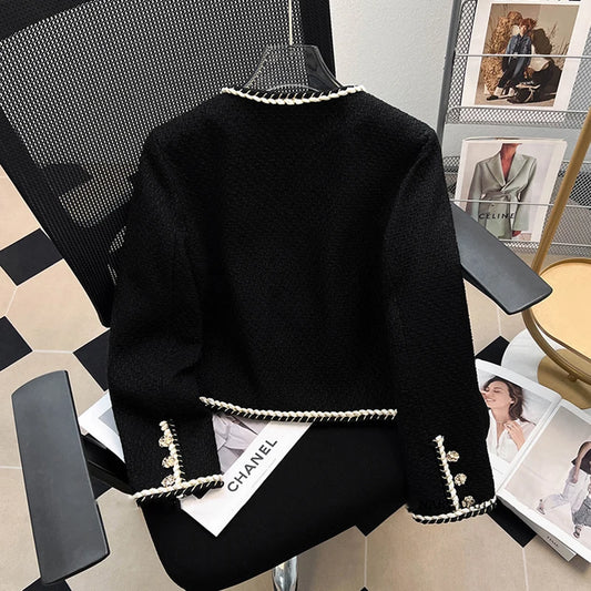 Chaqueta de tweed negra vintage para mujer, abrigo acolchado corto, elegante blazer de viaje para invierno, abrigo corto grueso coreano para mujer