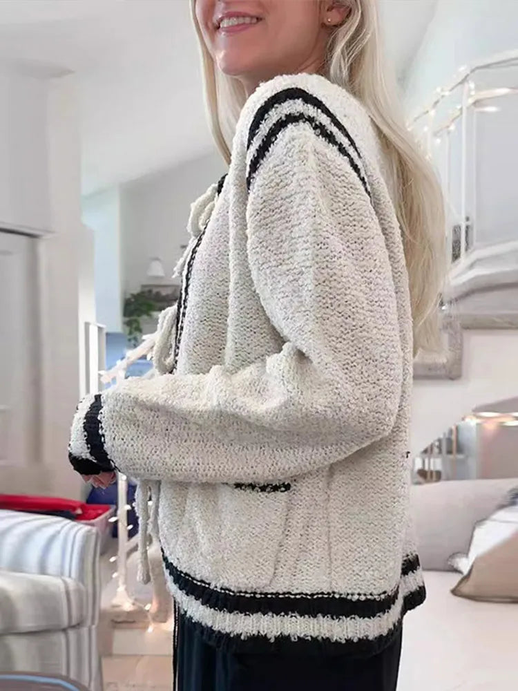 Cárdigan elegante de punto con cordones para mujer, suéter informal holgado de invierno con cuello redondo y bolsillos en contraste de color, prenda de punto cálida y elegante para mujer