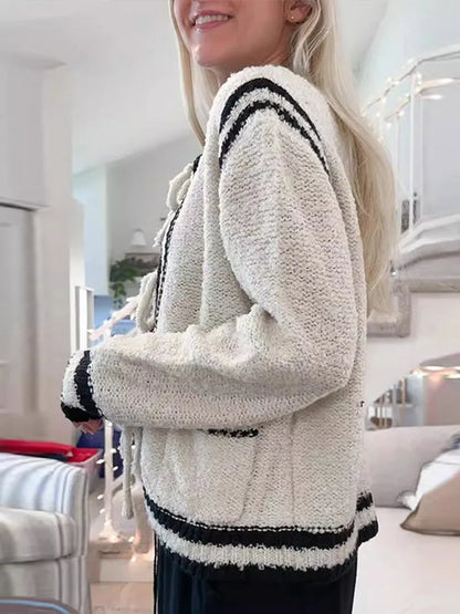 Cárdigan elegante de punto con cordones para mujer, suéter informal holgado de invierno con cuello redondo y bolsillos en contraste de color, prenda de punto cálida y elegante para mujer