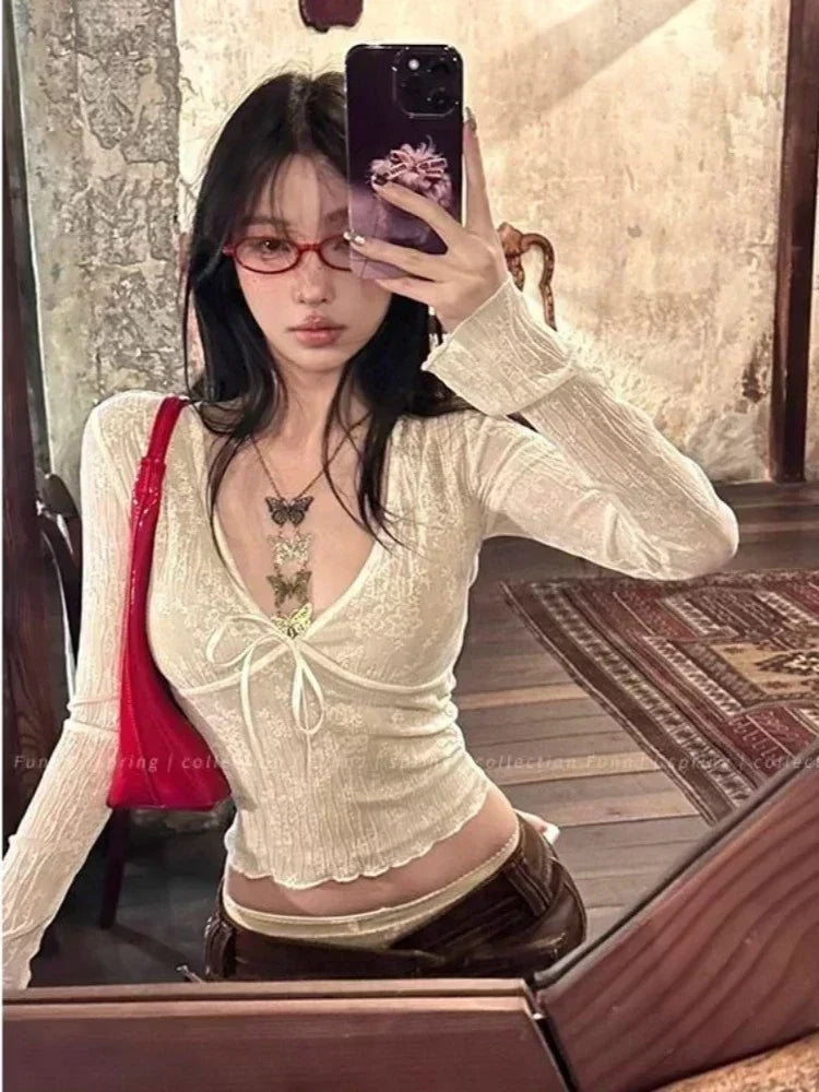 Korean Fashion Crop Top y2k Aesthetic Sweet Lace Patchwork Long Sleeve T Shirt with Bow 2000s Women Clothes Streetwear