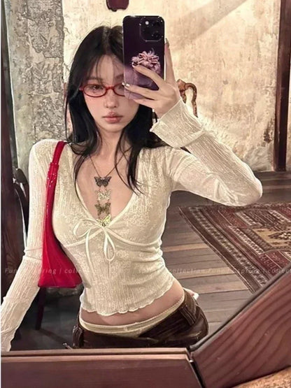 Korean Fashion Crop Top y2k Aesthetic Sweet Lace Patchwork Long Sleeve T Shirt with Bow 2000s Women Clothes Streetwear