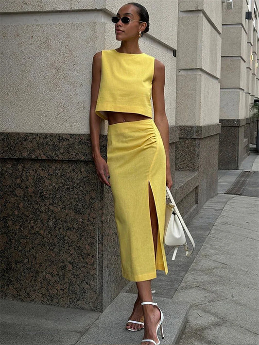 Conjuntos de falda larga de moda para mujer, cintura alta, abertura, elegante, liso, ropa de calle, chaleco corto, top y falda larga, conjuntos para mujer