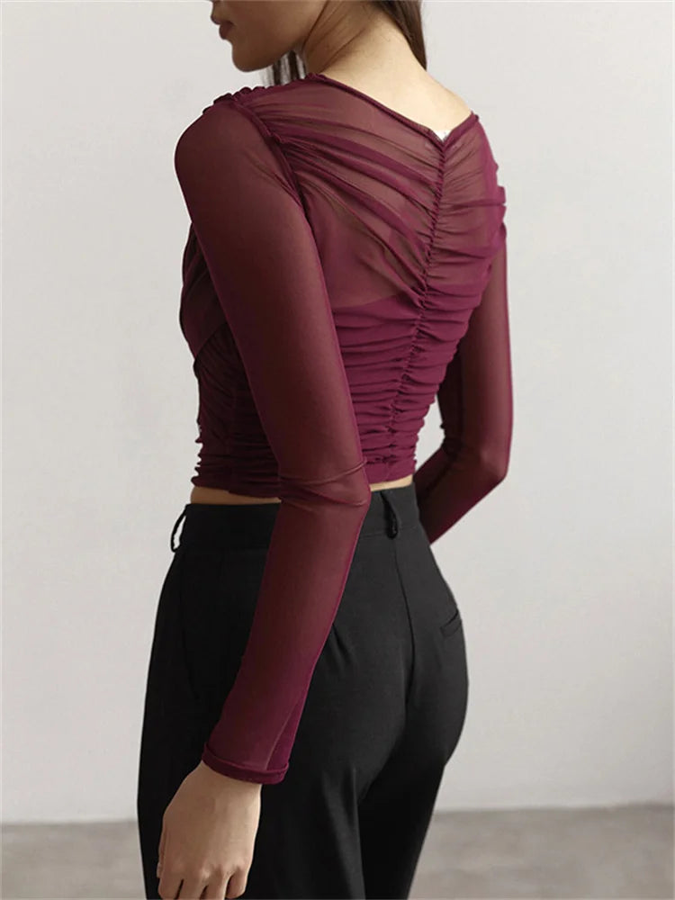 Camiseta de malla con cuello en V y retazos para mujer, top liso de manga larga, estilo Y2k, top sexy para mujer para otoño