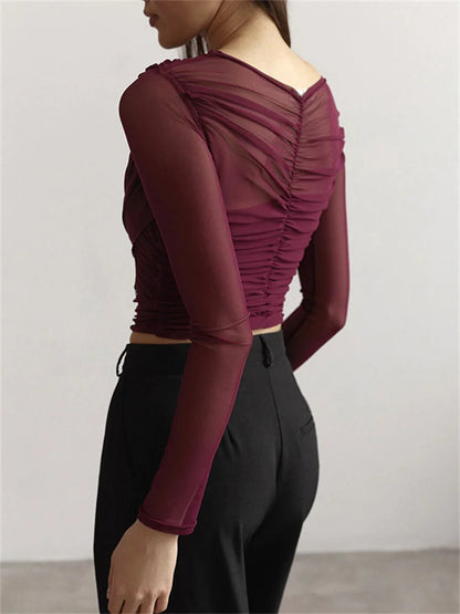 Camiseta de malla con cuello en V y retazos para mujer, top liso de manga larga, estilo Y2k, top sexy para mujer para otoño