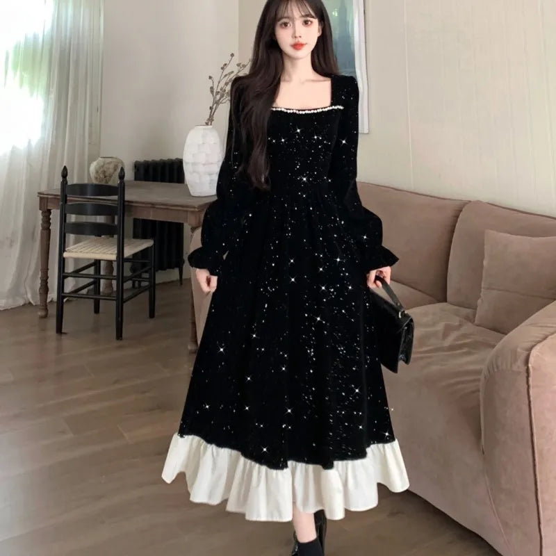 Vestidos midi de terciopelo brillante de otoño para mujer, manga larga, cuello cuadrado, volantes extragrandes, patchwork, vestido de fiesta de Navidad.