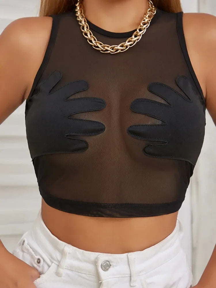 Top Y2k sin mangas con cuello redondo a la moda, top sexy de hilo de red ligeramente transparente para mujer, top corto con bordado de alta elasticidad