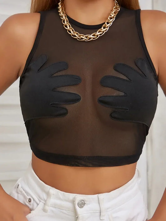 Top Y2k sin mangas con cuello redondo a la moda, top sexy de hilo de red ligeramente transparente para mujer, top corto con bordado de alta elasticidad