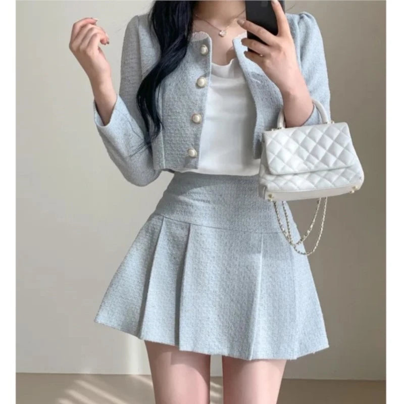 Chaqueta corta de tweed elegante de moda coreana, abrigos recortados + minifaldas de cintura alta, trajes de otoño, nuevos conjuntos ajustados de dos piezas para mujer.