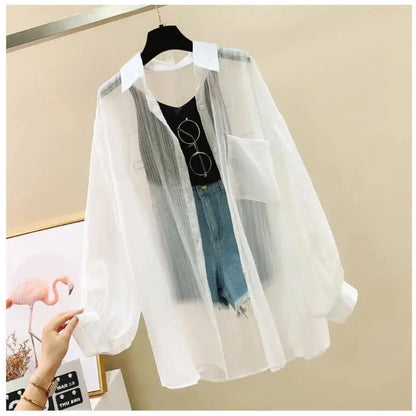 Blusa elegante de gasa transparente de manga larga con protección solar para mujer, estilo coreano, holgada, estilo cárdigan playero de verano.