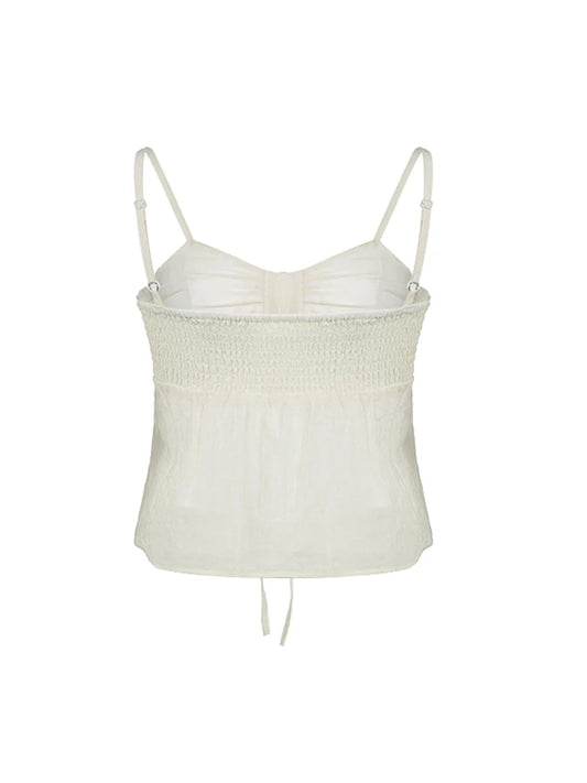 Fairycore Sweet Solid Shirring Camisole Women Summer Vacation Korean Clothing Crop Top
