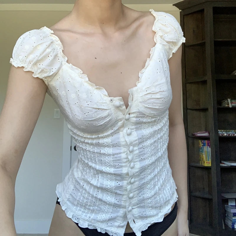 Camiseta floral vintage francesa de los años 90 con diseño de hadas grunge kawaii, botones con volantes y cuello en V, para mujer, estética Y2K, top corto blanco retro