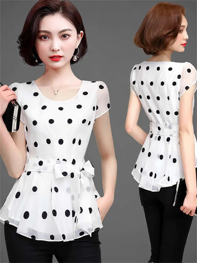 Blusas informales de gasa de verano para mujer, camisas de manga corta con cuello redondo y estampado de lunares, DF2824
