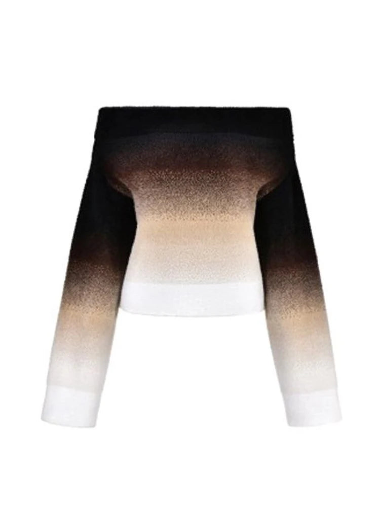 Suéter con hombros descubiertos y degradado para mujer, jersey corto de punto de manga larga, top informal elegante de otoño para mujer, prenda de punto