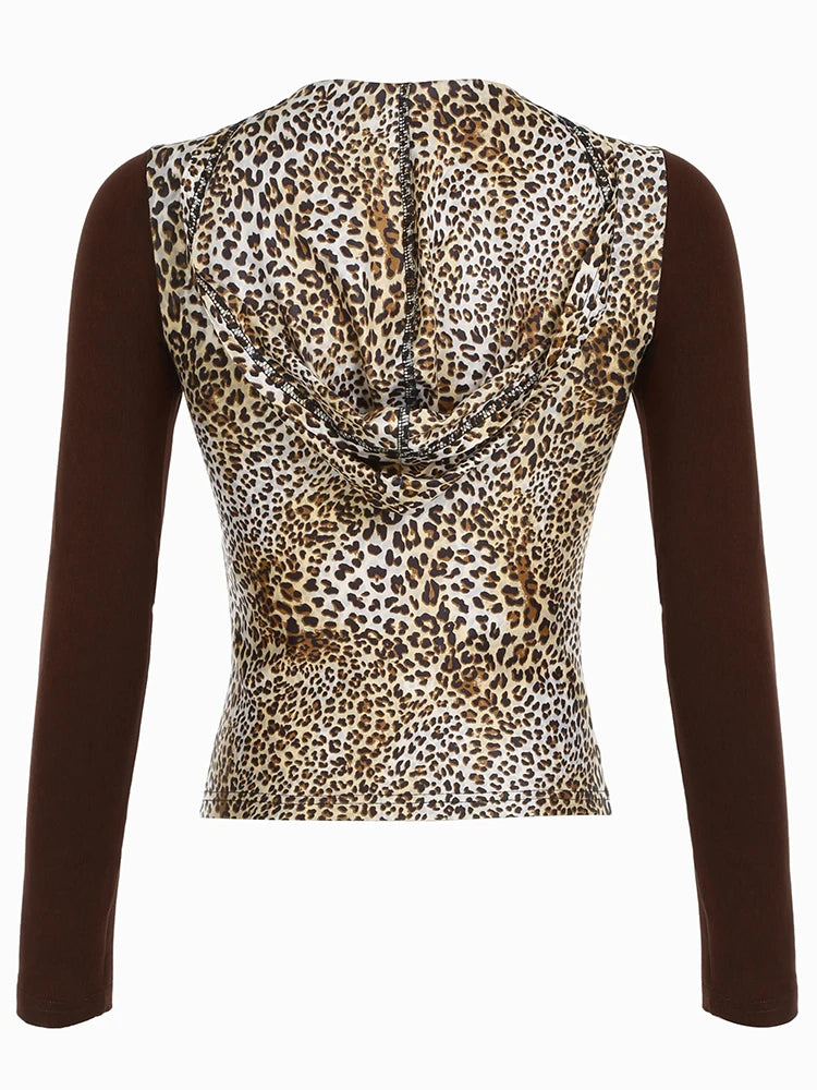 Camiseta con capucha y cuello en V con botones y estampado de leopardo, manga larga, patchwork en contraste, estilo retro americano Y2K, ropa estética para mujer