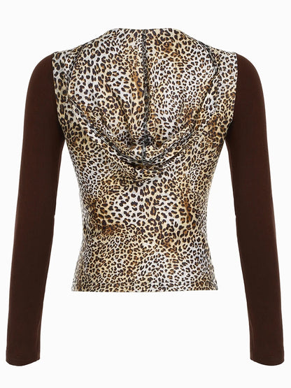 Camiseta con capucha y cuello en V con botones y estampado de leopardo, manga larga, patchwork en contraste, estilo retro americano Y2K, ropa estética para mujer