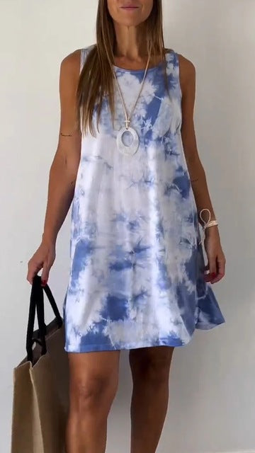Gradient Tie Dye Print Mini Dresses Women 2025 Summer New Fashion Loose O Neck Sleeveless Dress Trendy Streetwear Lady Vestidos