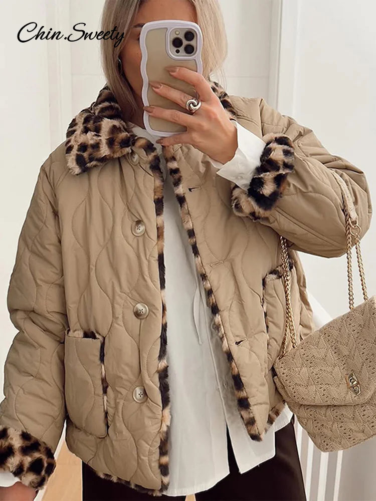 Parkas acolchadas de leopardo de doble cara para mujer, abrigo vintage de polar con solapa y botones, de manga larga, ropa de abrigo gruesa y cálida para mujer 2025