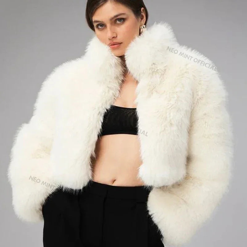 Chaqueta icónica de moda de Kendall Jenner con piel de zorro blancanieves para mujer, abrigo de piel sintética cálido y esponjoso de invierno para niñas, ropa de calle