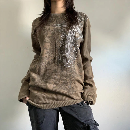 Vintage Graphic T Shirt y2k Aesthetic Women Print Round Neck Long Sleeve Tops 2000s Fairy Grunge Clothes Streetwear