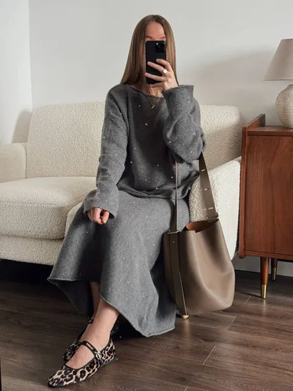 Sexy Soft Elegant Vintage Women Suits 2 Pieces Female Sets Slash Neck Sweater & Midi Dress Bling Knitted TrackSuit
