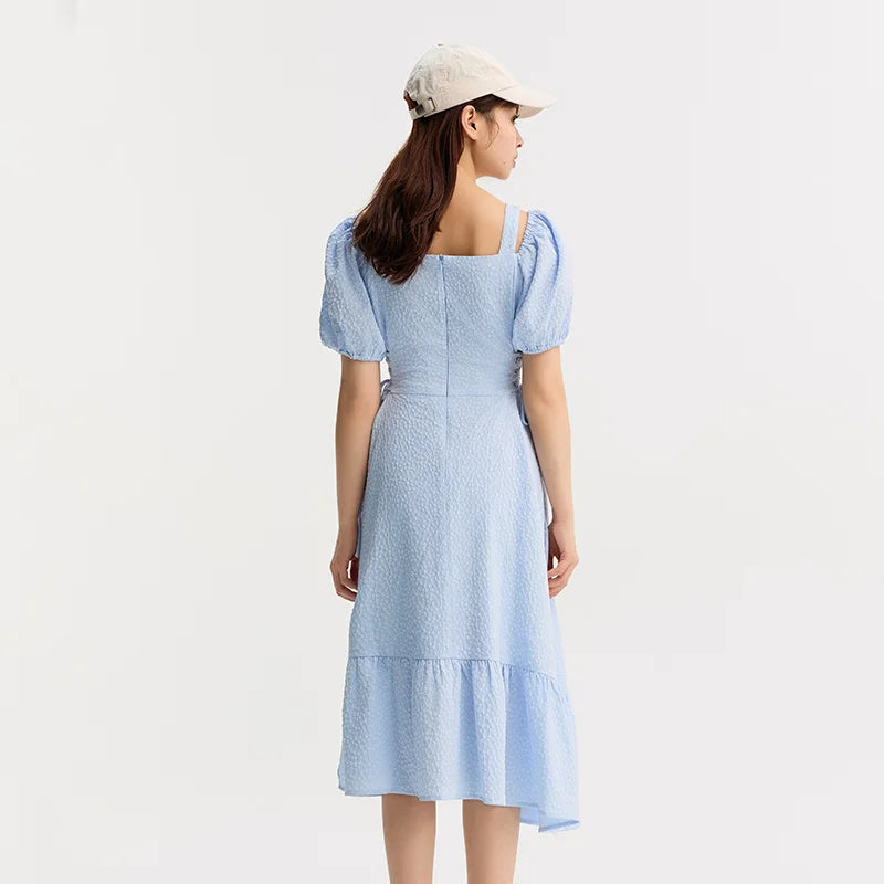 Vestido de mujer con cintura atada, texturizado, elegante y suave, de verano, irregular, con dobladillo con volantes, falda corta con estampado de campanillas, divertido