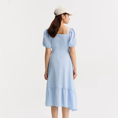 Vestido de mujer con cintura atada, texturizado, elegante y suave, de verano, irregular, con dobladillo con volantes, falda corta con estampado de campanillas, divertido
