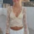 Sexy Deep V Neck Cross Wrap T-Shirts Fairy Coquette Floral Lace Sheer Blouses Tees Shirt Women Tie Up Cropped Tops Y2k Clothes