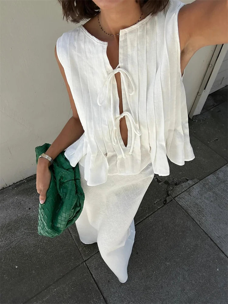 Camiseta sin mangas blanca con banda acanalada para mujer, chaleco ajustado sin mangas con agujeros, moda de verano, chaleco con cordones para mujer, top Y2k