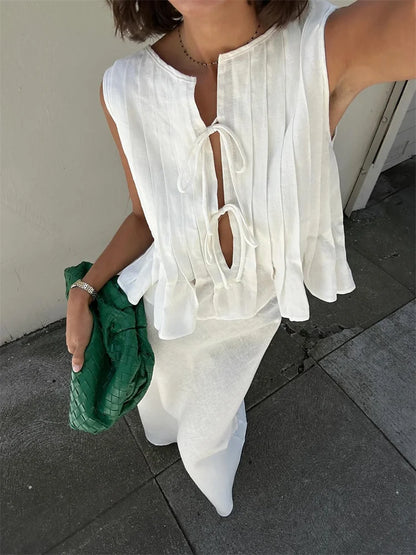 Camiseta sin mangas blanca con banda acanalada para mujer, chaleco ajustado sin mangas con agujeros, moda de verano, chaleco con cordones para mujer, top Y2k