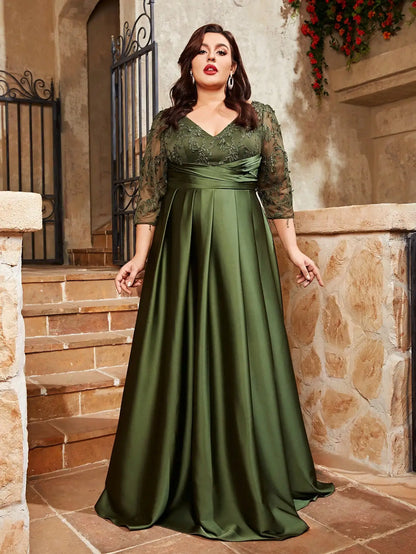 Vestido de noche, vestido de fiesta, vestido de fiesta, vestido de fiesta, vestido de satén de mosaico con bordado de encaje y escote en V de talla grande, falda larga doblada a mano