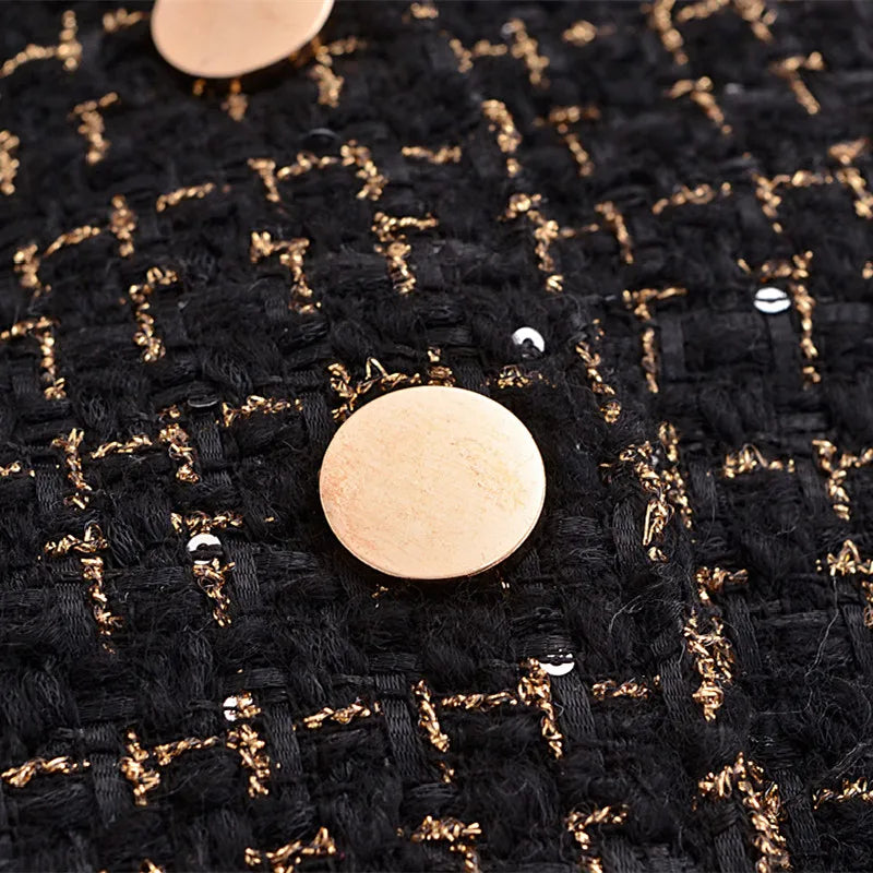 Conjunto de 2 piezas de blazer de tweed con línea dorada y tejido negro para mujer, estilo retro francés, cintura alta, botones centrales, cremallera trasera y minifalda.